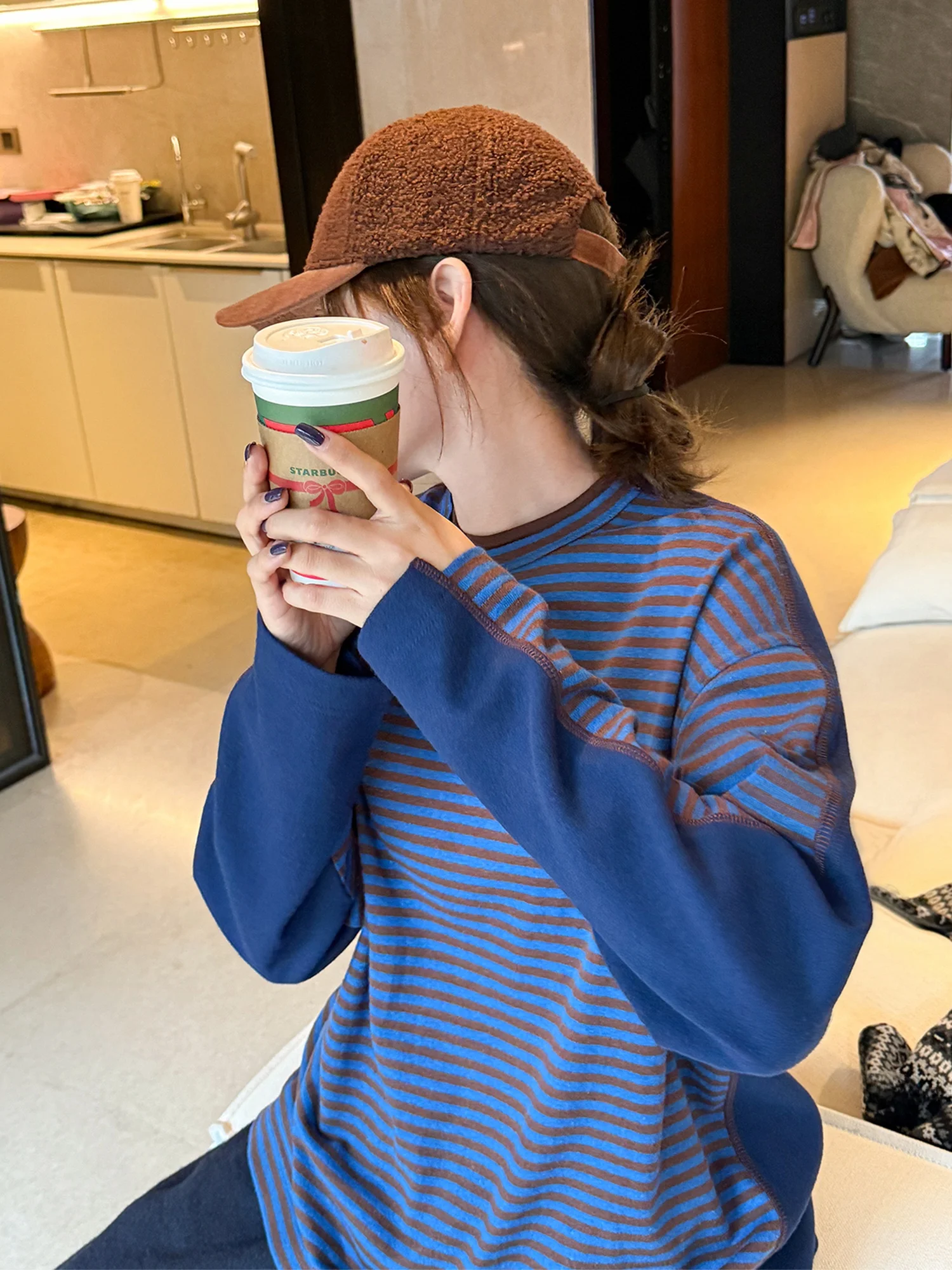 

Casual Loose Women's Long Sve Knitted Sweater Stripe Color Blo round Ne Design Comfortable Midweight Winter Top