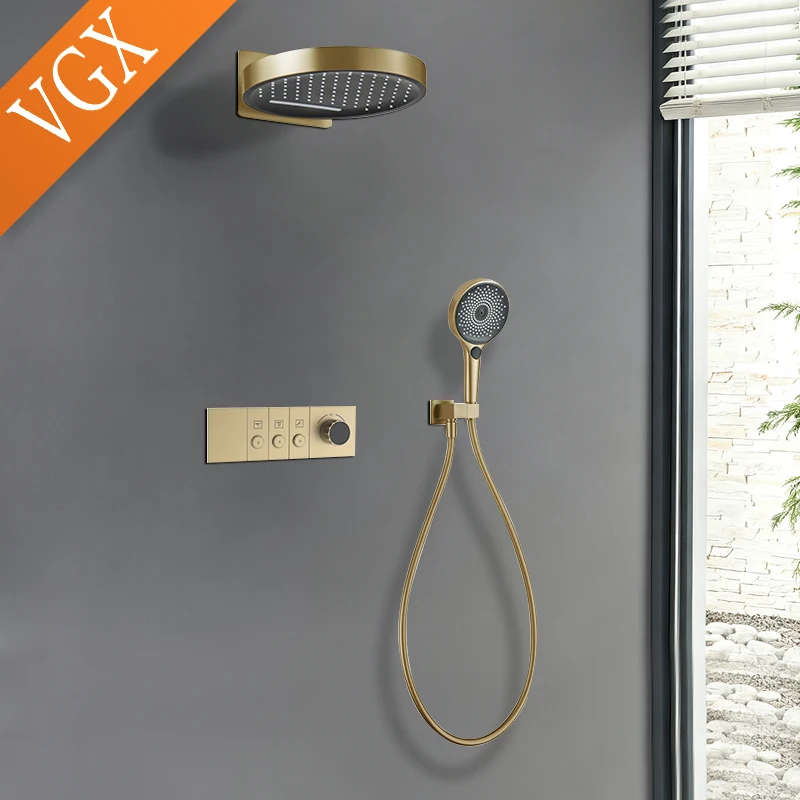VGX Concealed Shower System Set Luxury Gold Waterfall Shower System Shower Faucet Set Bathroom Brass Rainfall Shower Head Set