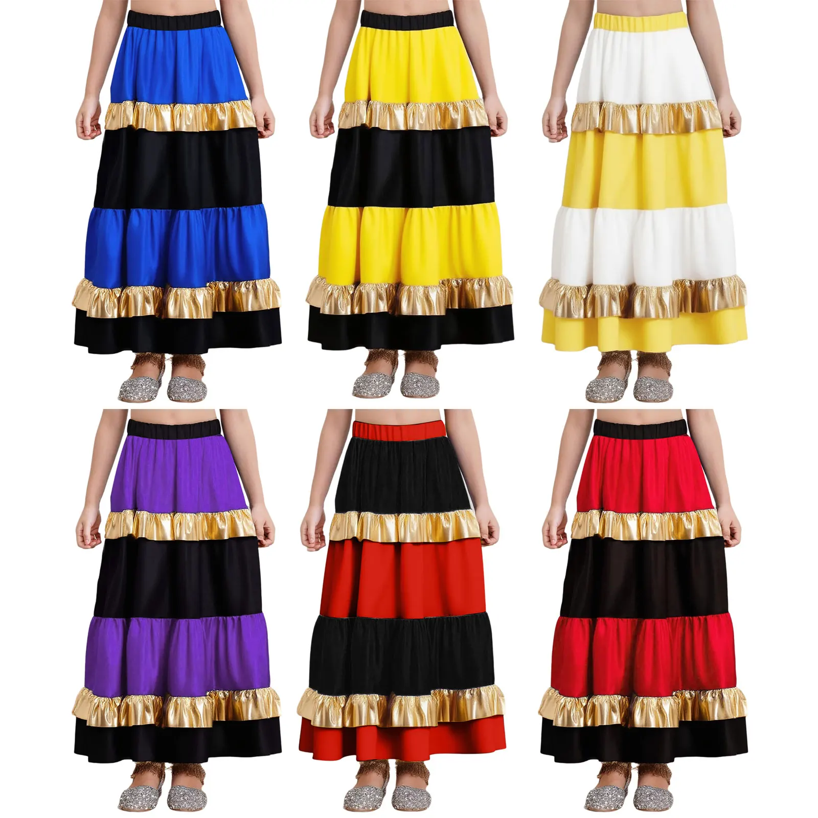Eleganter Flamenco-Tanzrock für Mädchen mit gestuftem Rüschen-Design und elastischem Bund, perfekt für das spanische Bühnenaufführungs-Outfit