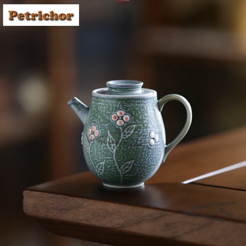 130ml Turquoise Green Kiln Fambe Teapot Luxury Tea Infuser Pot Tea Brewing Kettle With Ball Hole Cha Collection Pot Bearing Gift