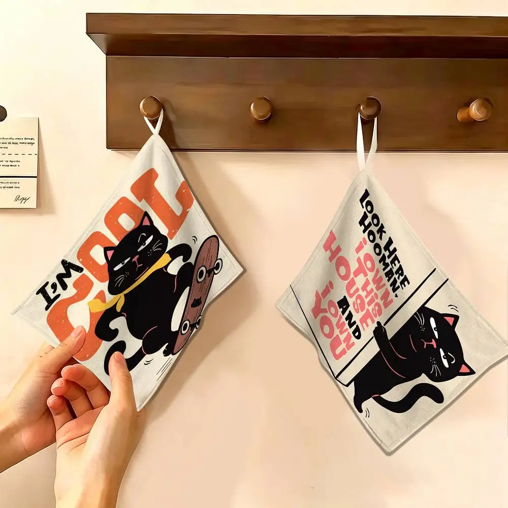 Black Cat Polyester Cotton Hanging Hand Towel, Super Absorbent Hand Wiping Towel for Daily Household Use