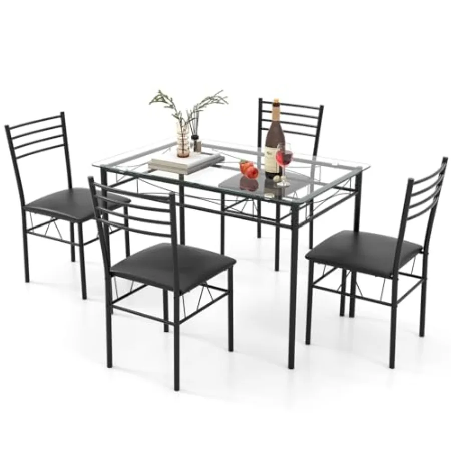 5 Piece Dining Table Set with Tempered Glass Top and 4 Upholstered Chairs for Kitchen Breakfast Nook Black