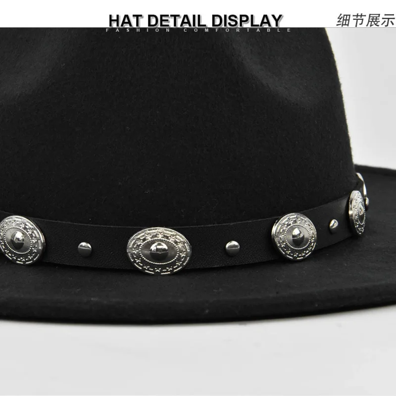 Amazon AliExpress European And American Ethnic Style Fedora Metal Accessories Woolen Vintage Black Top Hat