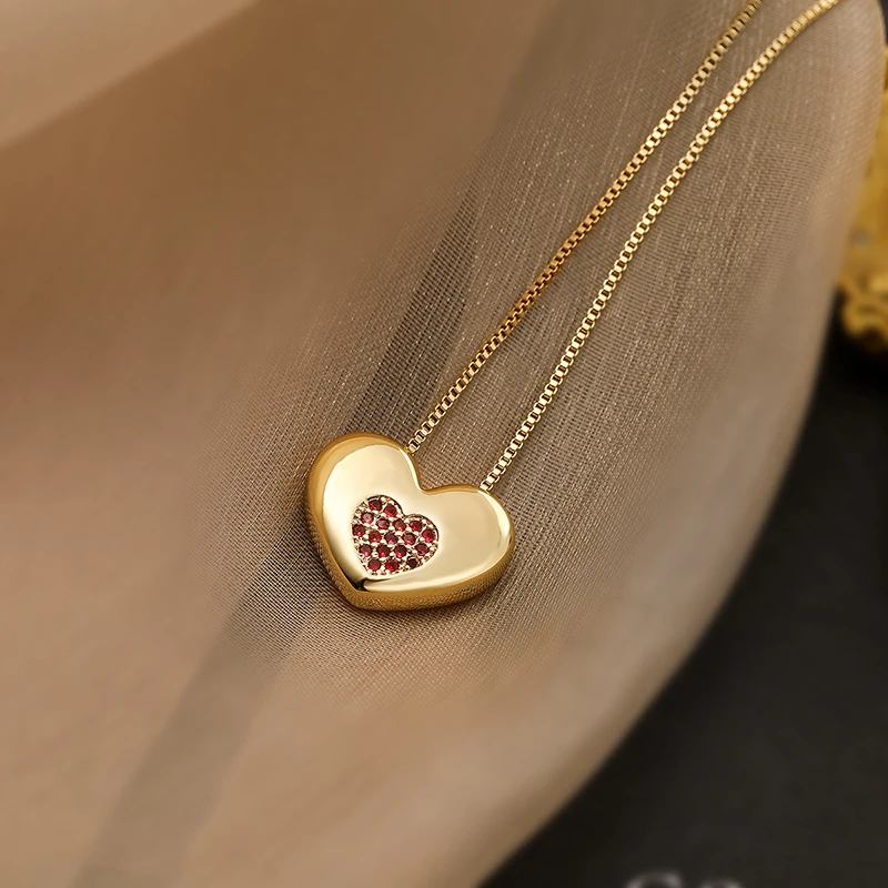 GANPUP Stilvolle Elegante Funkelnde Herz-Halskette mit Rotem Zirkonia-Anhänger für Damen, Modische Schlüsselbeinkette, Choker-Schmuck, Geschenk – Detail 5