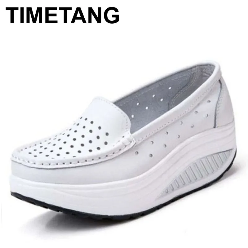 TIMETANG Genuine Leather boat comfort nurse shoes wedges breathable swing women\'s pumps shoes platform shoes casual loafer