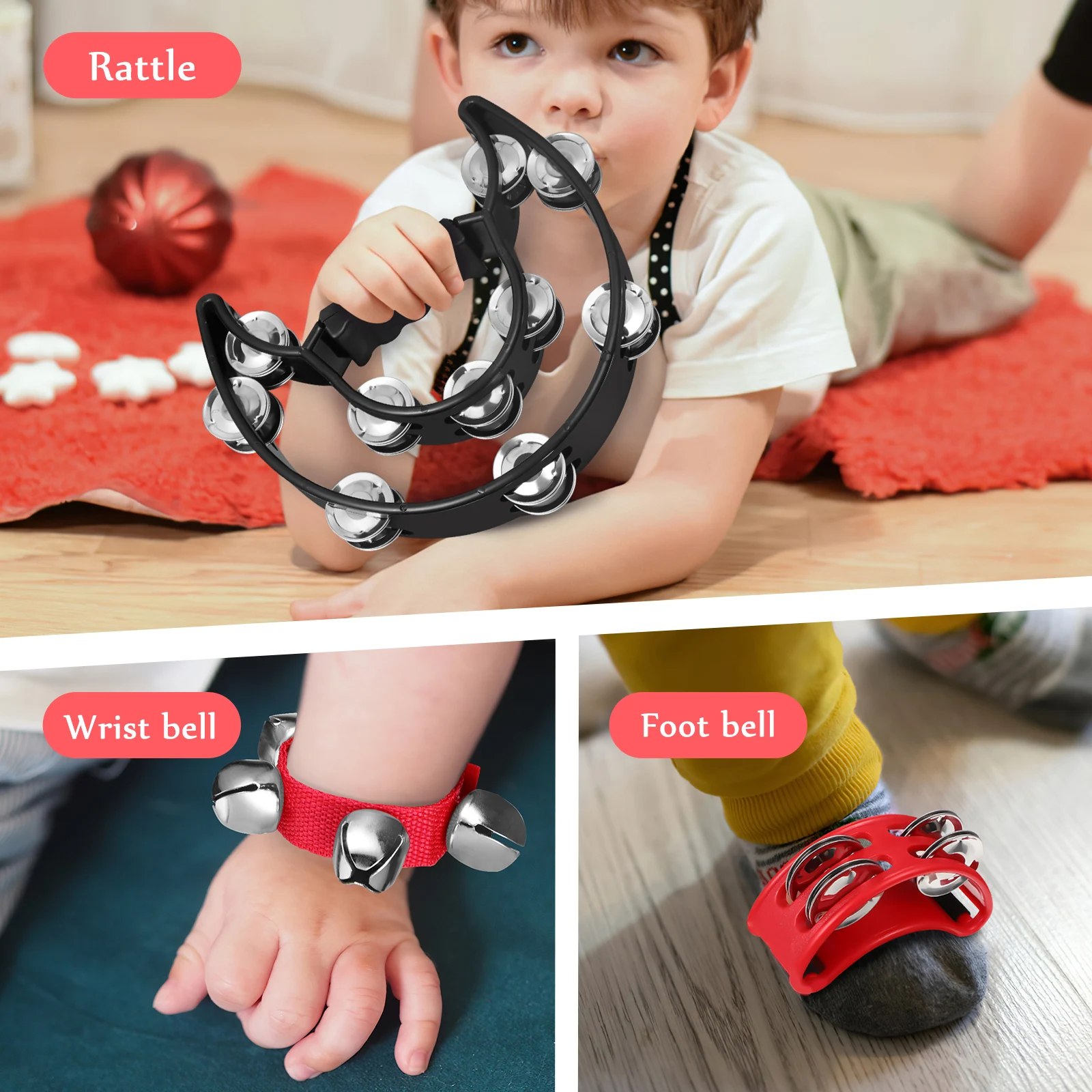 

4Pcs Wrist Bell Hand Foot Tambourine Music Instrument Set Ergonomic Non Slip Handle Educational Music Learning