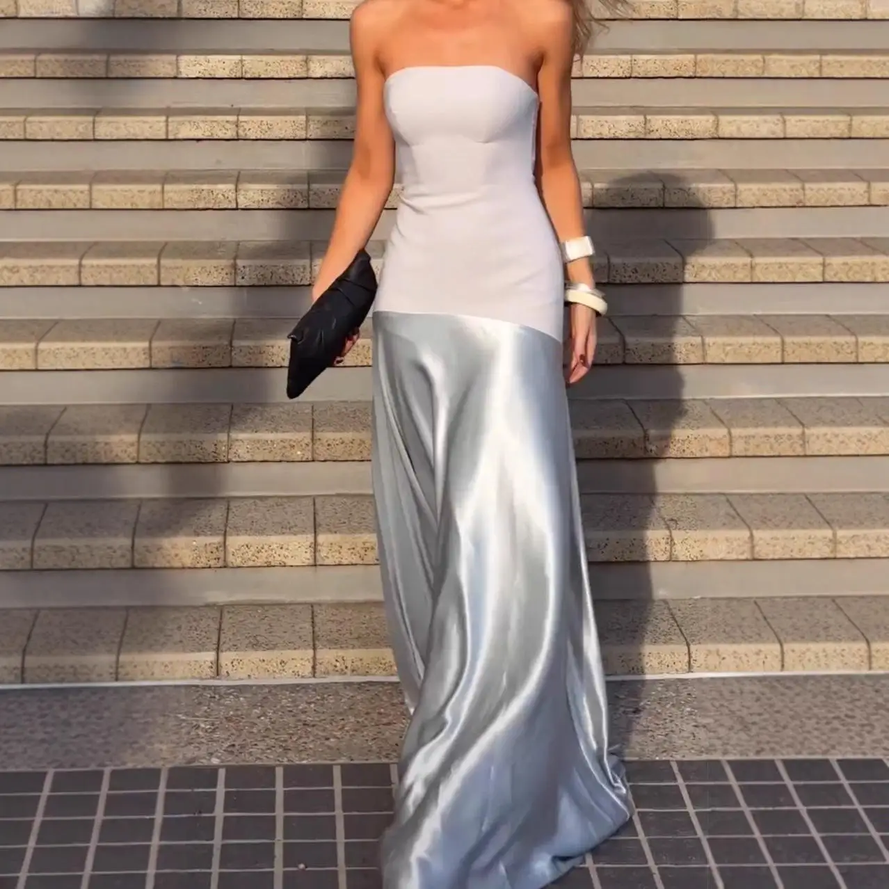 Sexy Strapl Ele Patchwork Cetim Svel Dr Cintura Alta One Step Saia Poliéster Primavera Básico Sle Outro Material