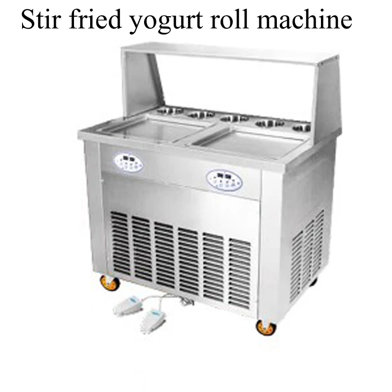 

Double Pan Thai Pan Icecream Machine/stir Yogurt Fry Machine Roll Fried Ice Cream Maker With 6 Topping Tanks And Dust Cover