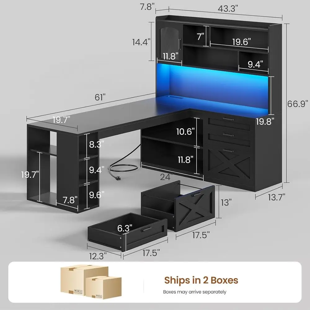 armhouse L Shaped Gaming Desk, 61” Computer Desk with Storage Ders and Power Outlet, Gaming Desk with LED Light and Bookshel She
