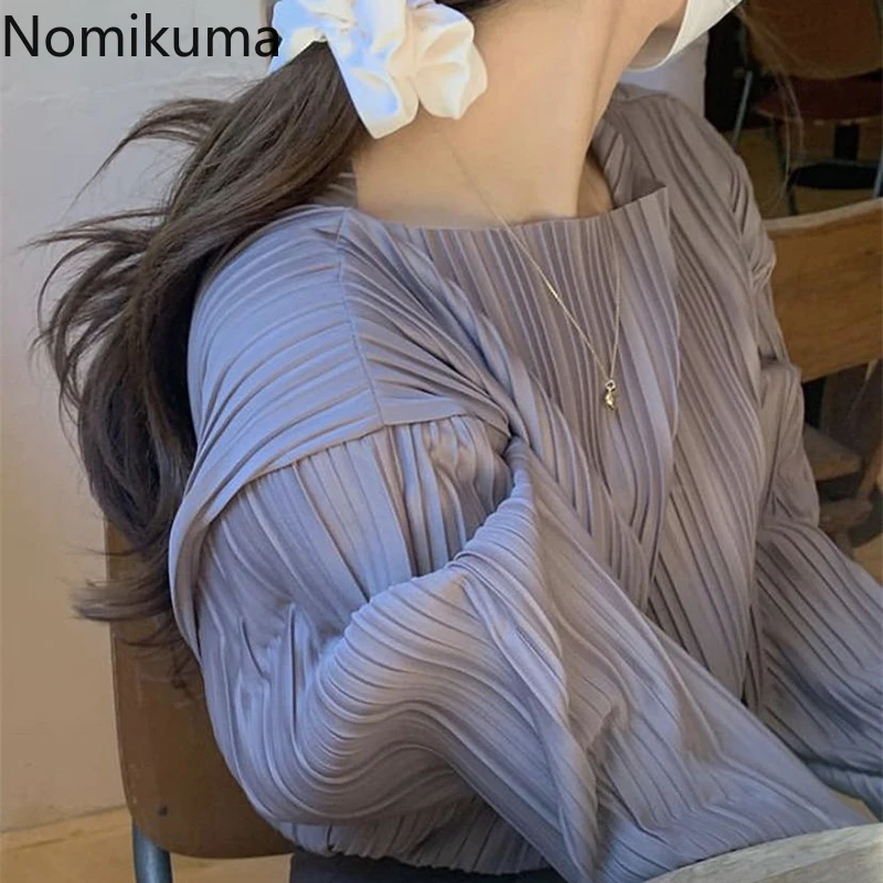 Nomikuma Causal O-neck Women Shirt Korean Pleated Long Sleeve Blusas Femme 2023 Autumn Chic Solid Blouses Feminimos Tops 6C279