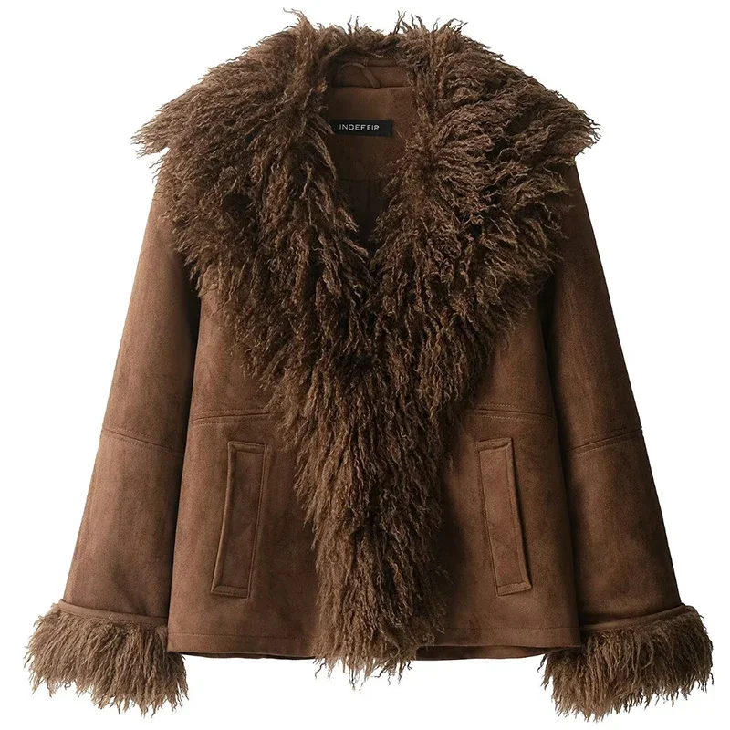 

Retro Tassel Suede Leather Patchwork Women Coat Fashion Full Sleeve Solid Female Cardigan Autumn Winter Thick Lady Outwear New