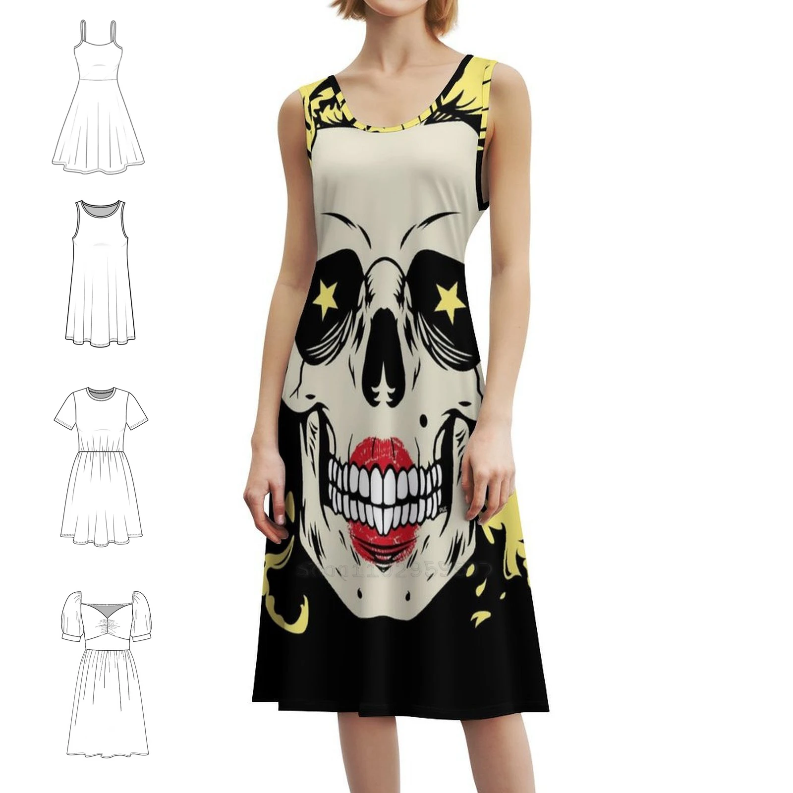 فستان مارلين جمجمة توضيحي مزين بالزهور للنساء للربيع والصيف فستان كاجوال للحفلات مارلين مونرو هيكل جمجمة #1