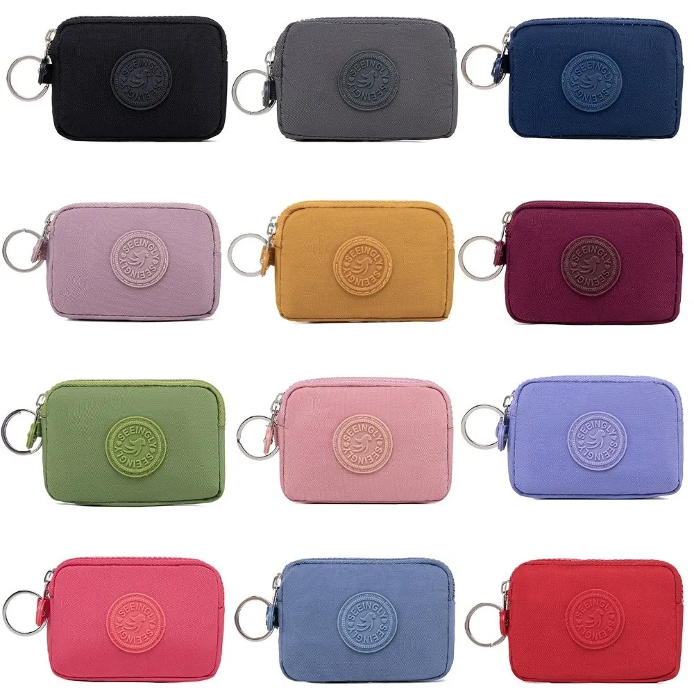 Portable Double Layer Women Wallet with Keychain Solid Color Credit Card Holder Nylon Waterproof Coin Purse Outdoor