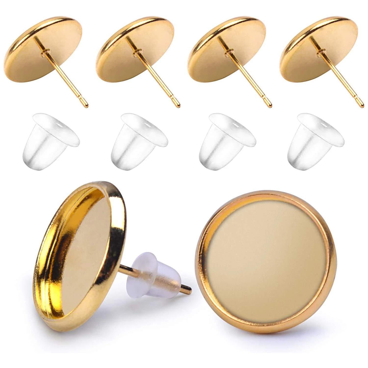 

50 штук серебристых штифтов-оснований для серег из нержавеющей стали с кабошоном для 12-мм изделий и 50 штук прозрачных резиновых заглушек для серег