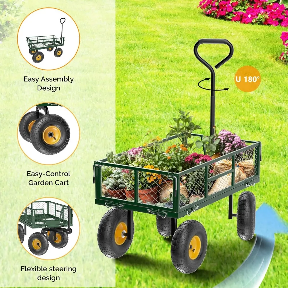Carrinho de jardim de malha de aço com capacidade de 880 lbs para serviço pesado com carrinho de mão removível e lados removíveis