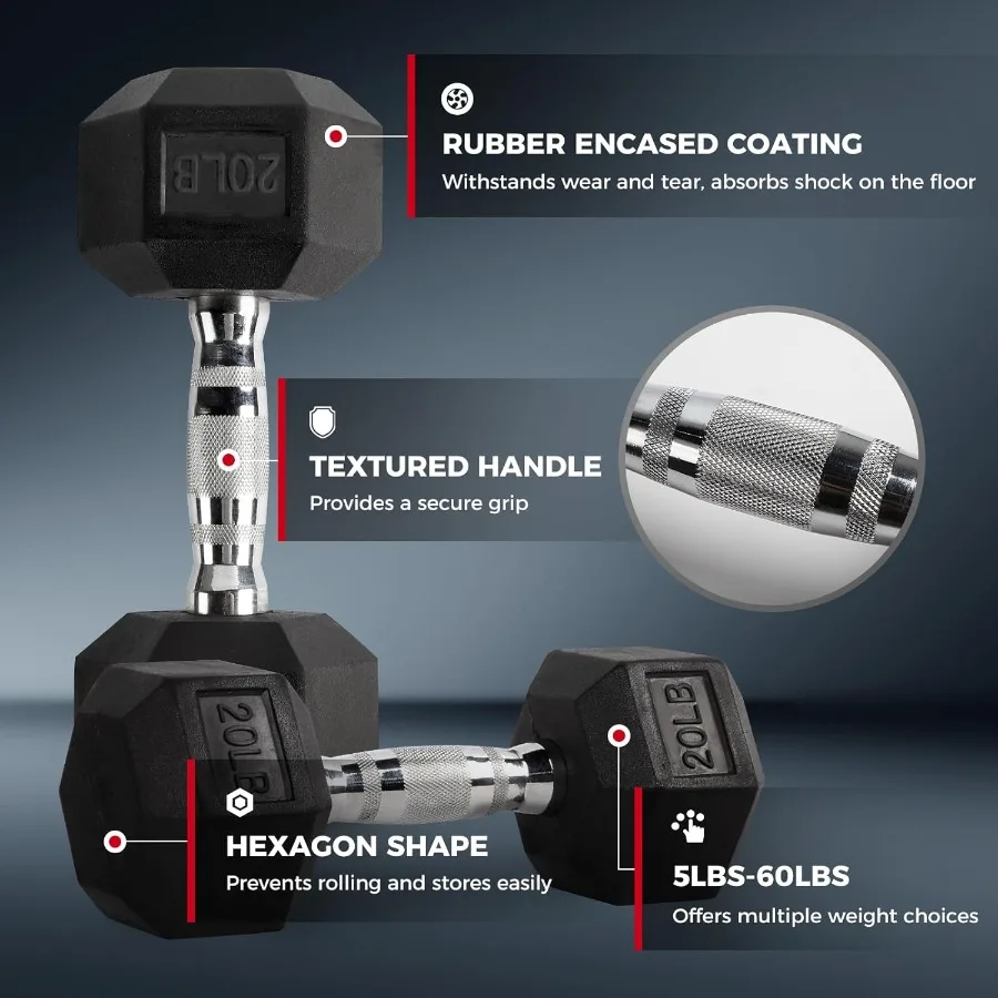 مجموعات دمبل سداسية مغلفة بالمطاط بوزن 5300 رطل مع رف اختياري لأوزان اليد المطلية بصالة الألعاب الرياضية المنزلية لتدريبات القوة Ide