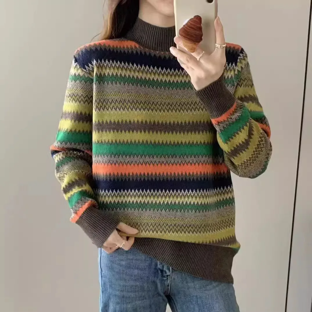 

Thiened Knitted f High Collar Sweater Women's Loose Fit Overhead Stripe Splicing Soft High Quali Base irt Autumn Win...