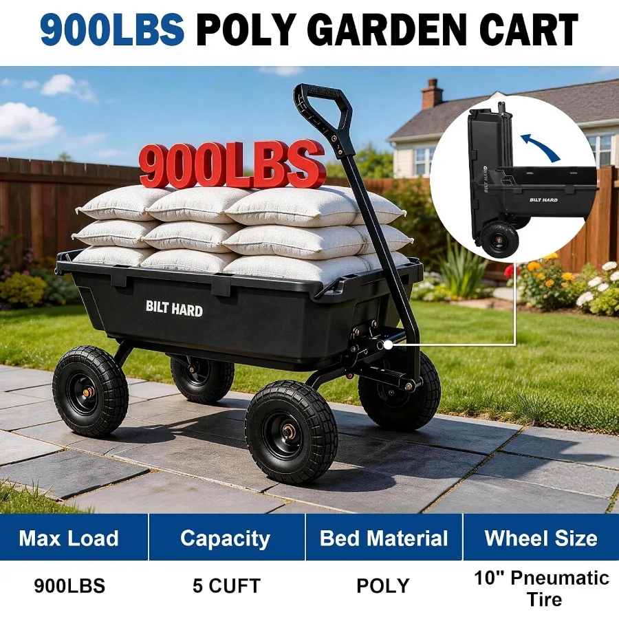 900 lbs Poly Garden Dump Cart, 5 Cu.Ft Wheelbarrow Cart with 10