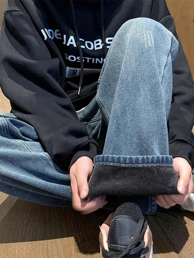 

Thickened Fleece Lined Straight Leg Men's Jeans Retro American Style Winter Washed Casual Trendy Brand Cotton Polyester Blend