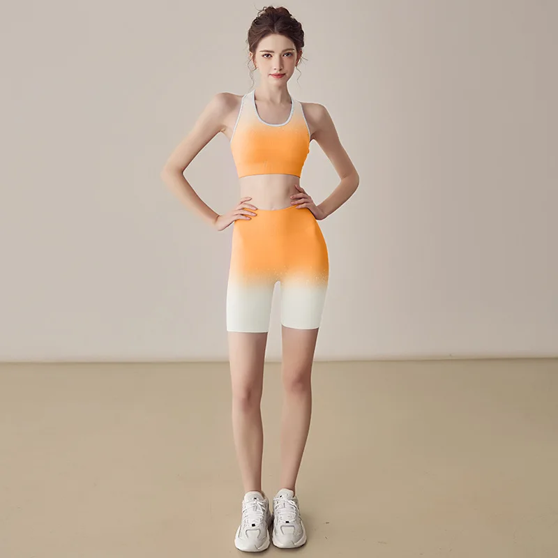 JHJN 2-teiliges Set Yoga-Kleidung für Frauen Dopamin-Farbverlauf-Sportanzug Großer Outdoor-Laufzug Elastischer Fitness-Anzug