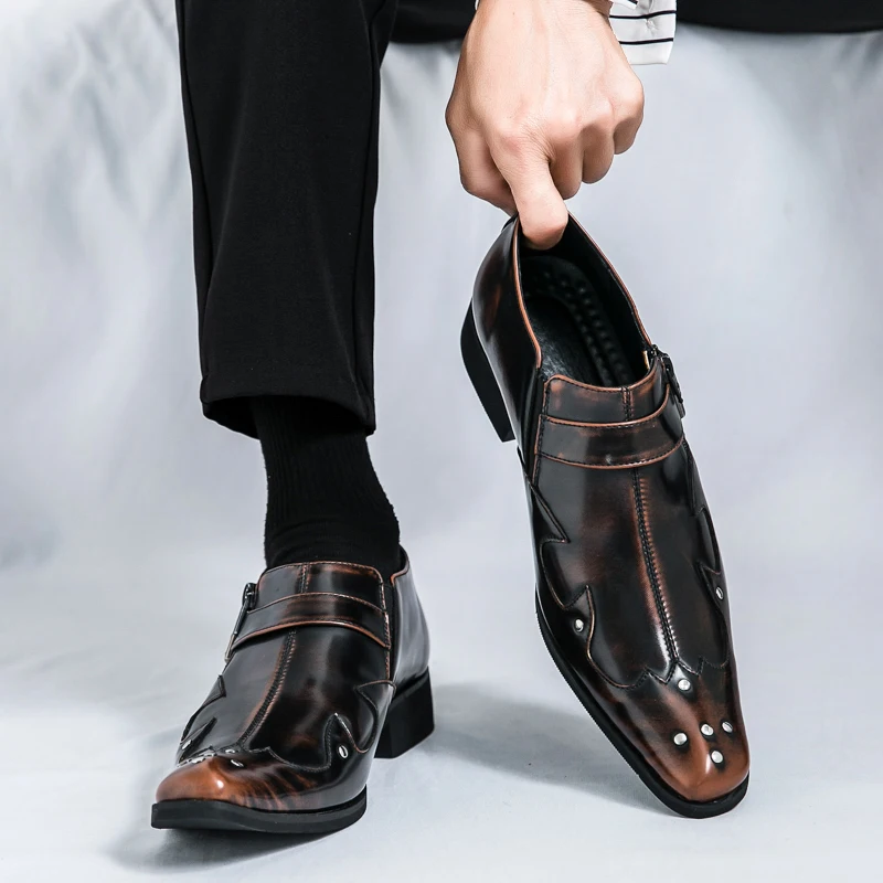 New Pointy English Leather Shoes Low Top Suit Formal Men's Business Chelsea Shoes Men Bright Buckle Wipe Color Leather