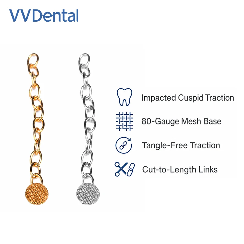VVDental Orthodontic Lingual Button Chain Gold Silver For Impacted Canine Traction Bondable Mesh Base 10Pcs/Per Bag Tool