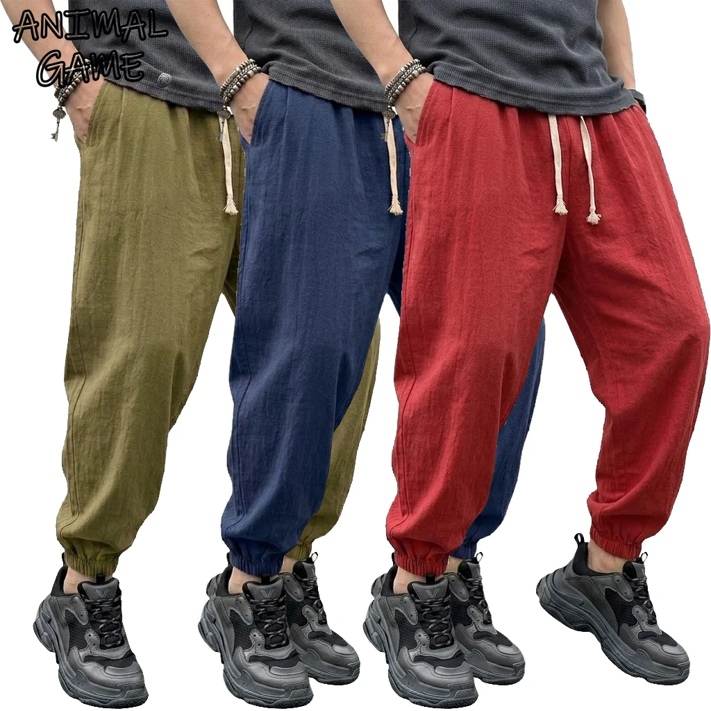 Korean Harem Pants Linen Yoga Trousers Gym Men Cotton Sweatpants Lightweight Joggers Sport Pants Casual Hiking Baggy Work Pants