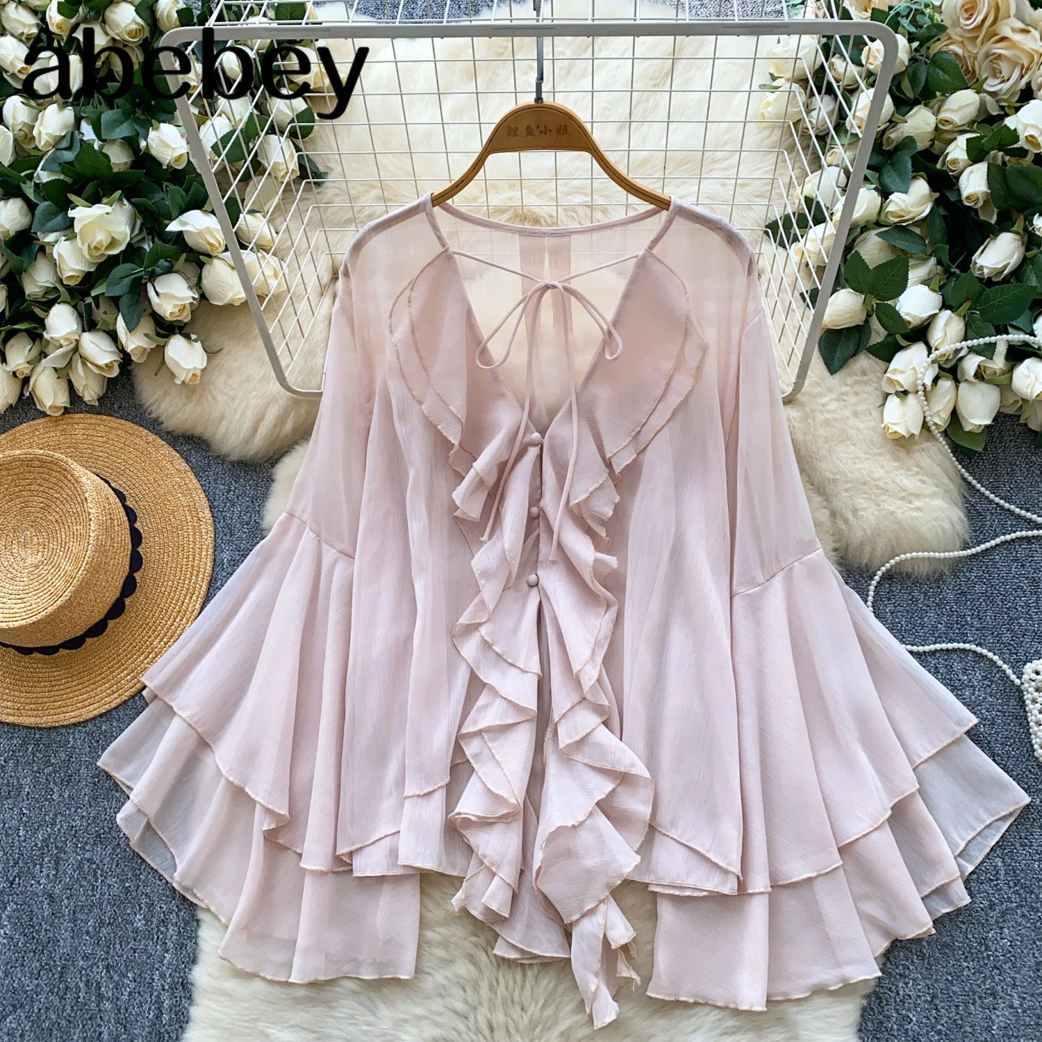 

Новинка 2026, осенняя женская повседневная рубашка с рюшами, свободные топы на шнуровке с v-образным вырезом, однотонные блузки, женская одежда