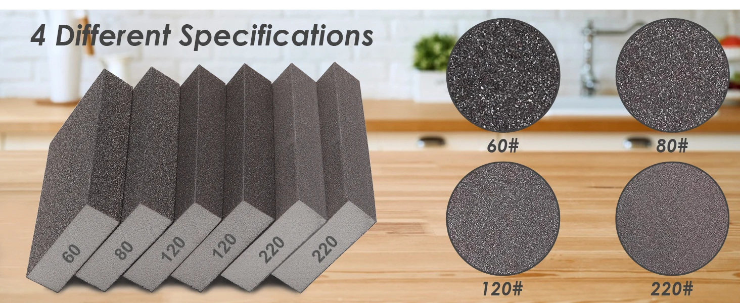6 Stück Schleifschwamm 60 80 120 220 Grob-, Mittel- und Feinkorn-Schleifblock Waschbar und Wiederverwendbar für Holz, Metall, Wandpolitur – Detail 2