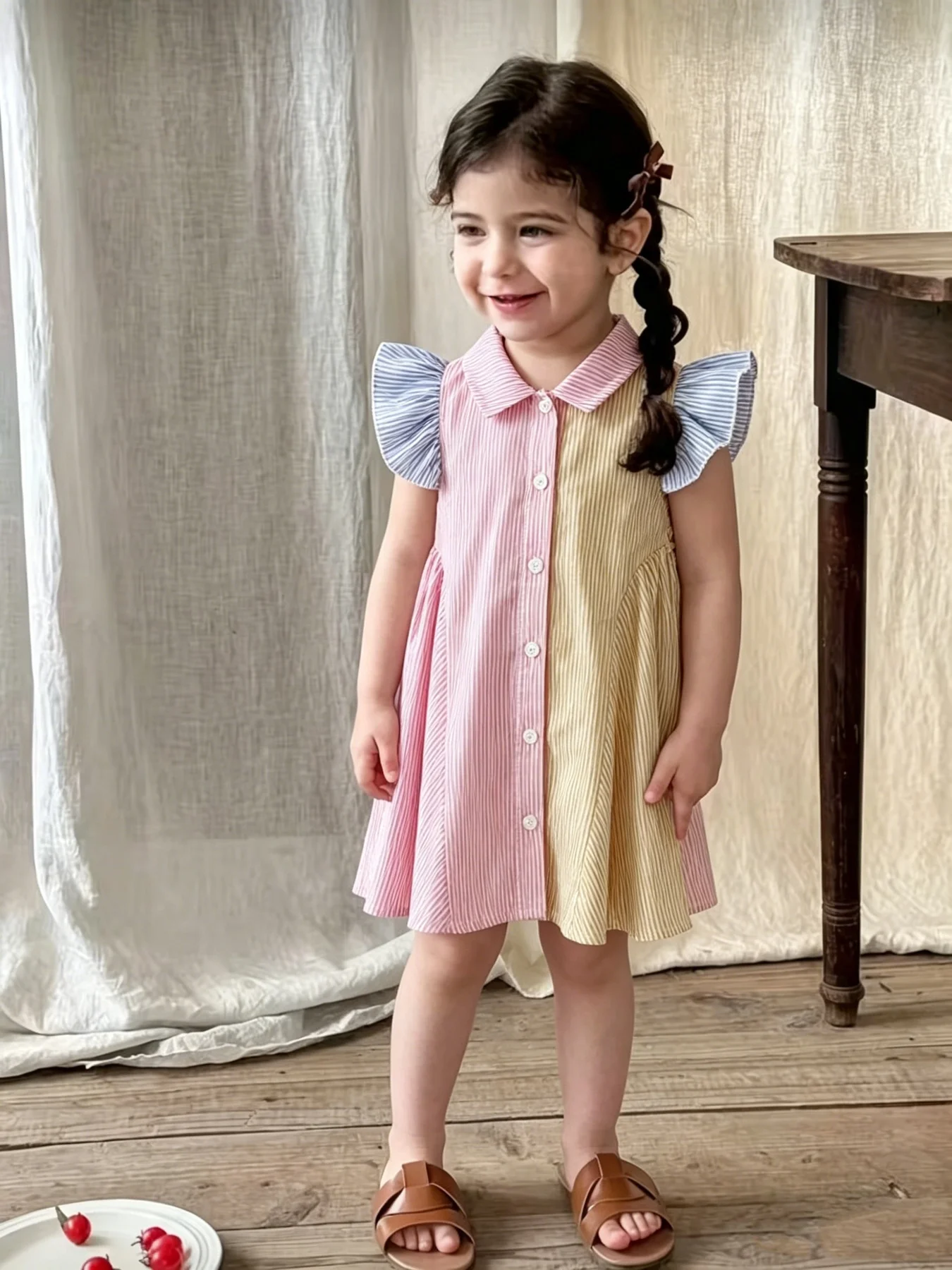Gestreiftes Kleid mit Farbblock-Design für Kinder, Baby-Kragen, ärmellos, mit Rüschenkante, einreihig, knielang, für Mädchen – Detail 3