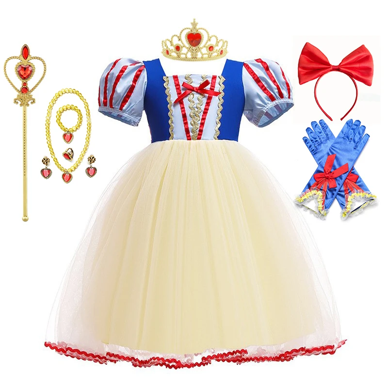 Disney Snow White Princess Dress Kids Girl Costume With Cape Headwear Halloween Carnival Birthday Party Cosplay Children Clothes