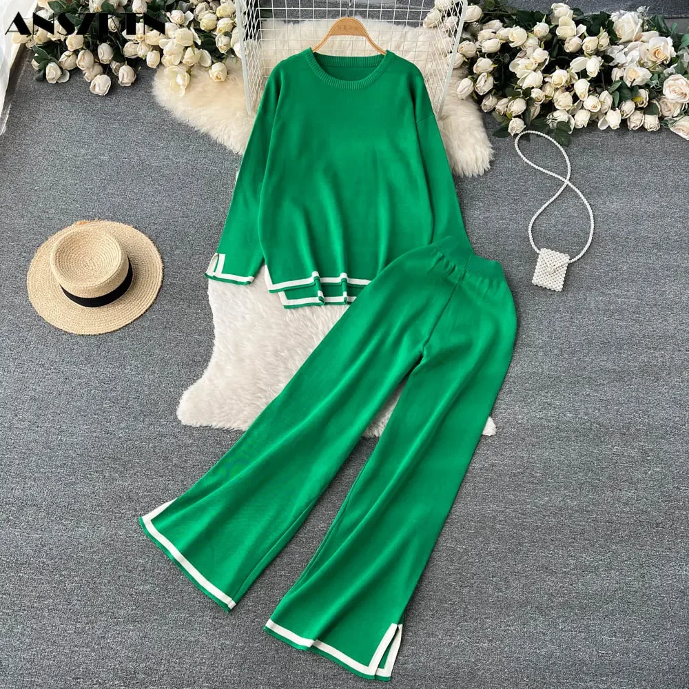 

Lazy color contrast suit Women's autumn and winter irregular knitwear+split elastic waist wide leg pants two-piece set