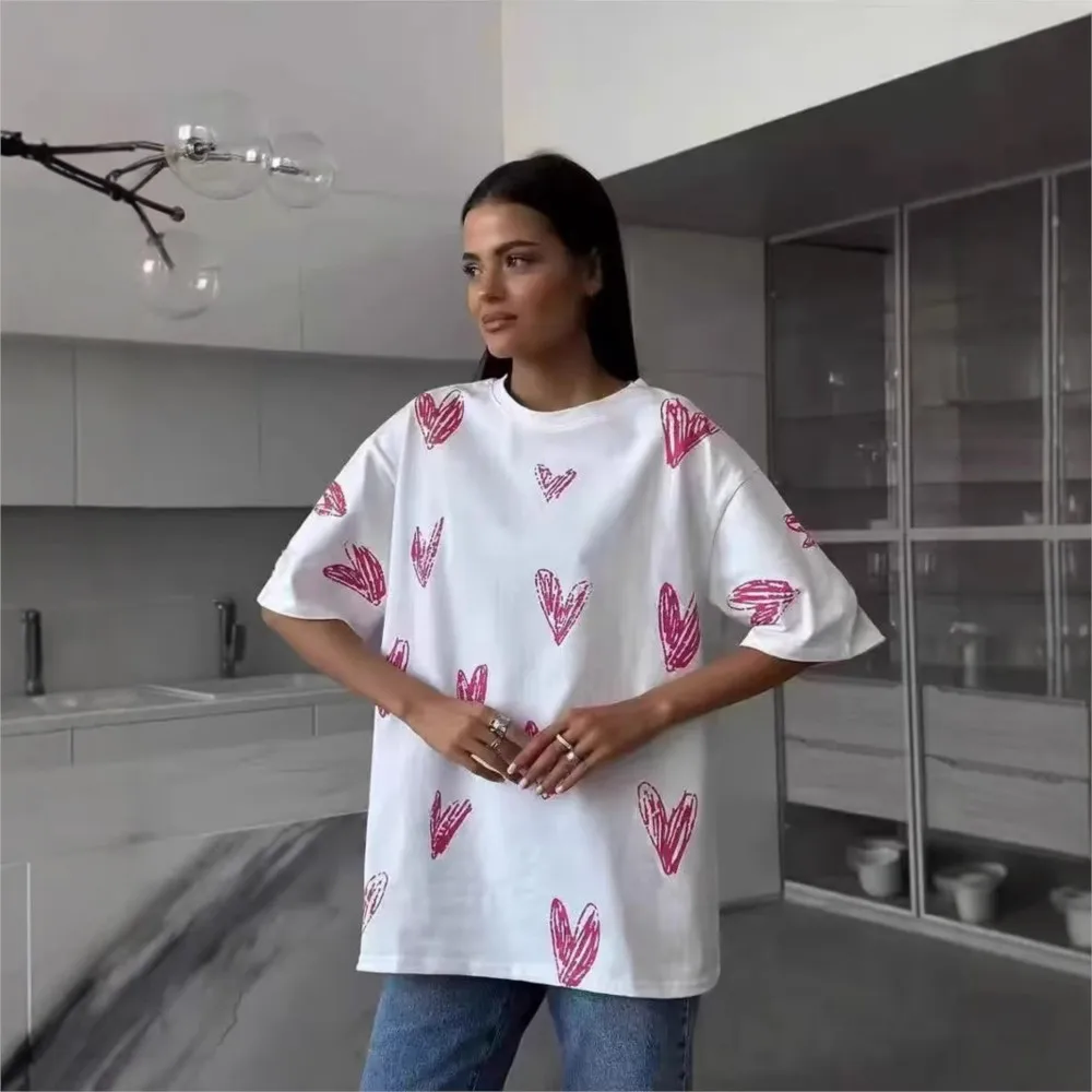 

2026 Summer Casual T Shirt Tees Short Sleeve Top Blusas Contrast Simple Style Loose Love Printed Women's Clothing All-match Chic