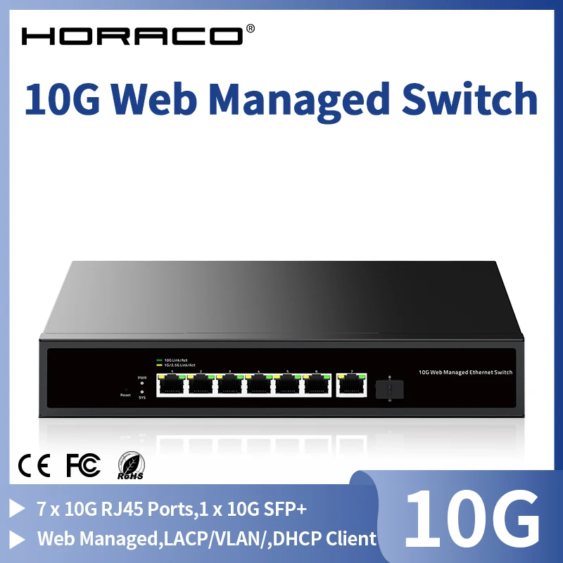 HORACO 10Gb Managed Switch 7 Port 10GBASE-T Network Switcher 10G