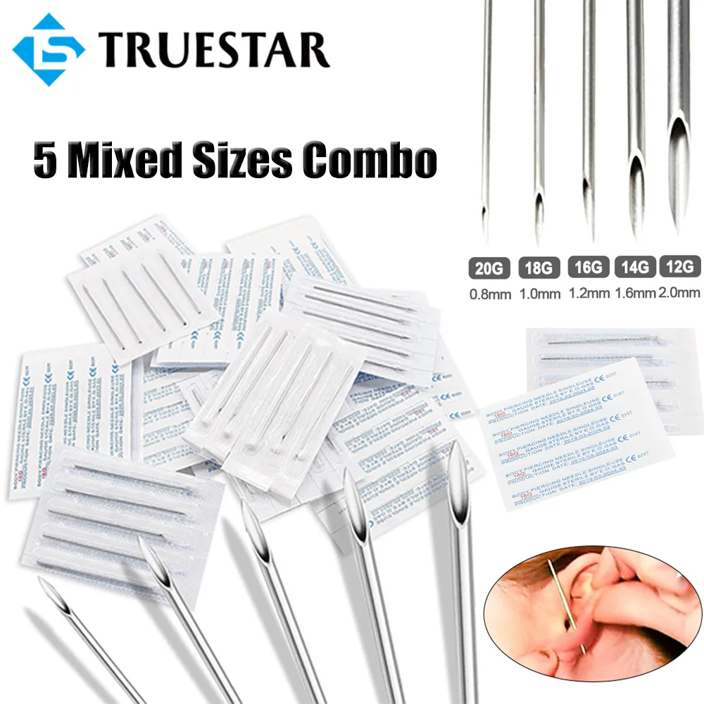 Piercing Needle 12G 14G 16G 18G 20G Mixed Size Combo Disposable Sterile Puncture Needles Ear Navel Nipple Lip Pierce Tool Supply