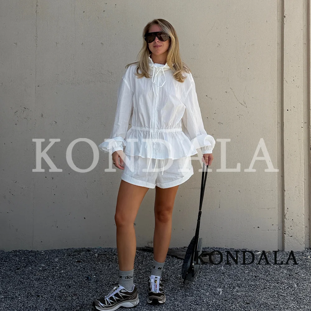KONDALA Women Chic White Drawstring Jacket Sports Style Casual Stand-Collar Zip-up Jacket 2026 Summer Trendy High Street Jacket