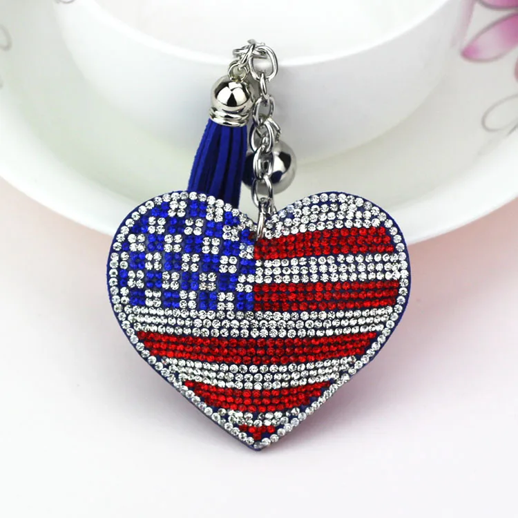 Peach Heart Shape National Flag  Crystal Keychain Pendant WithTassell and Metal Keyring Wholesale Price Key Accessories