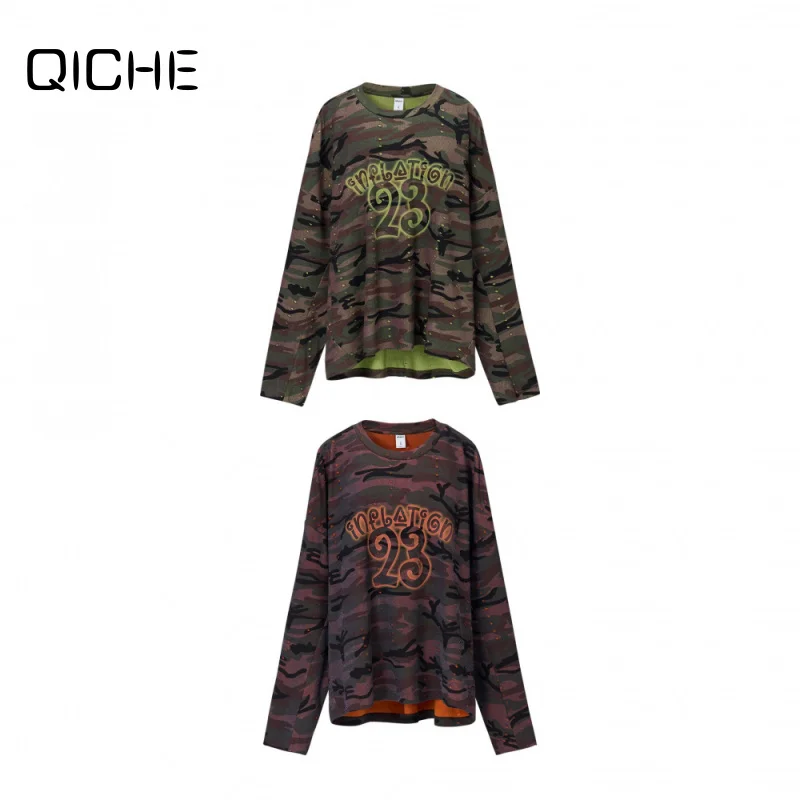 QICHE Men Street Camo Print Double‑Layer Cut‑Out Hollow Long Sleeve T‑Shirt 2026 Autumn New American Distressed Top