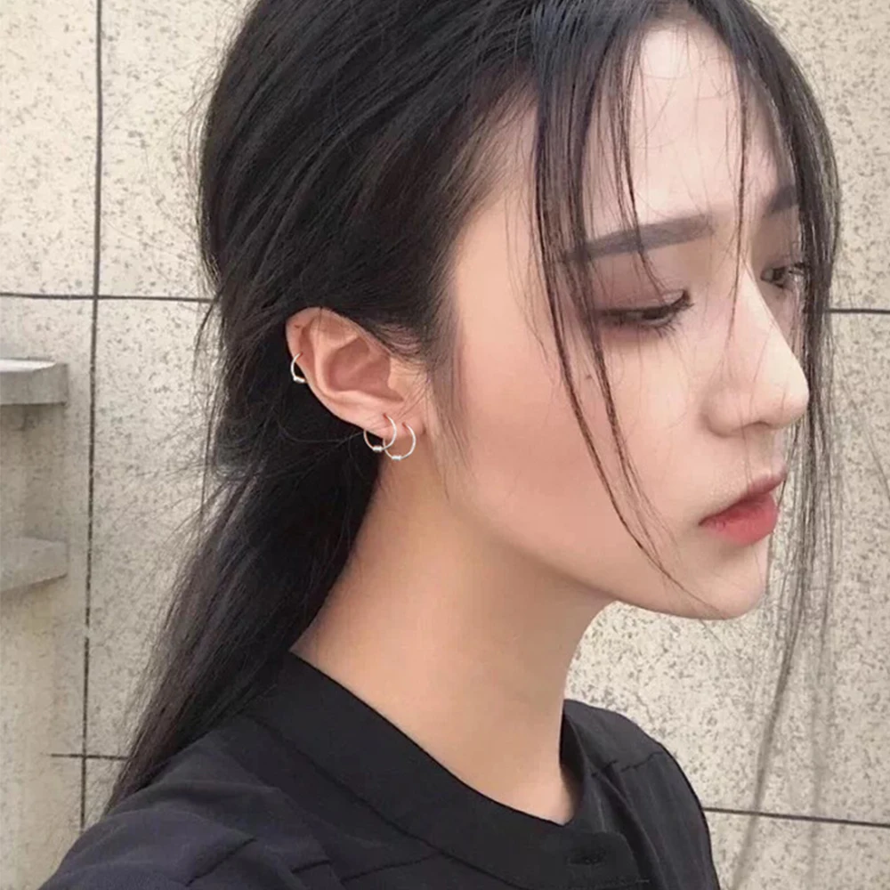الكورية النساء للجنسين S925 الفضة الرجال مزاجه الأذن العظام الدائري مجوهرات الأزياء دائرة القرط هوب أقراط #2