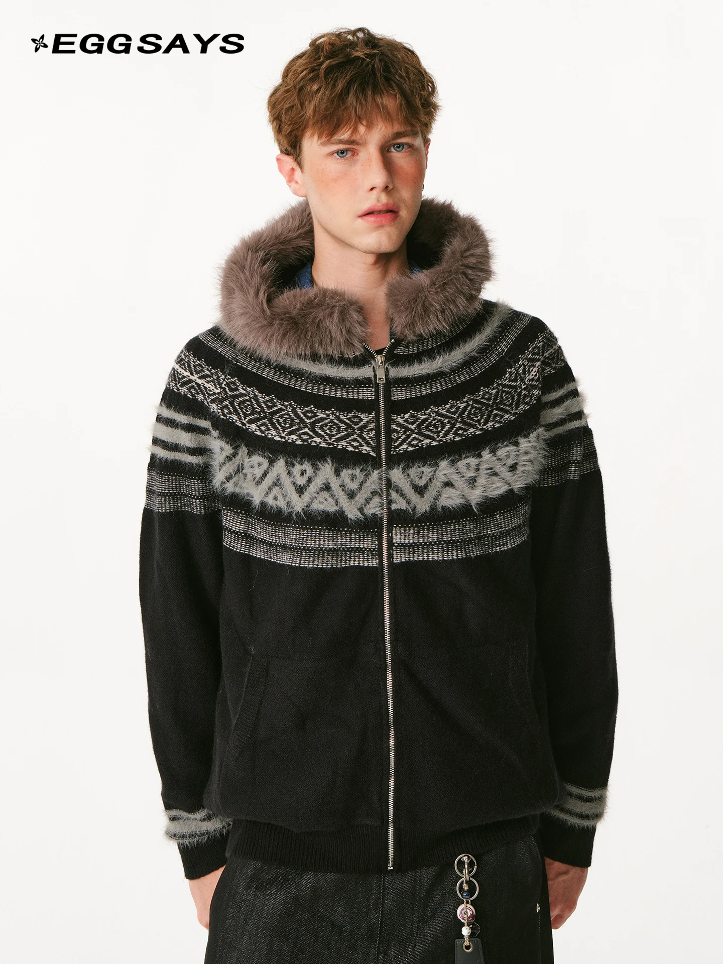 American Retro Fur Collar Cardigan Autumn Winter Warm Loose Hooded Knitted Jacket Unisex Couple Style