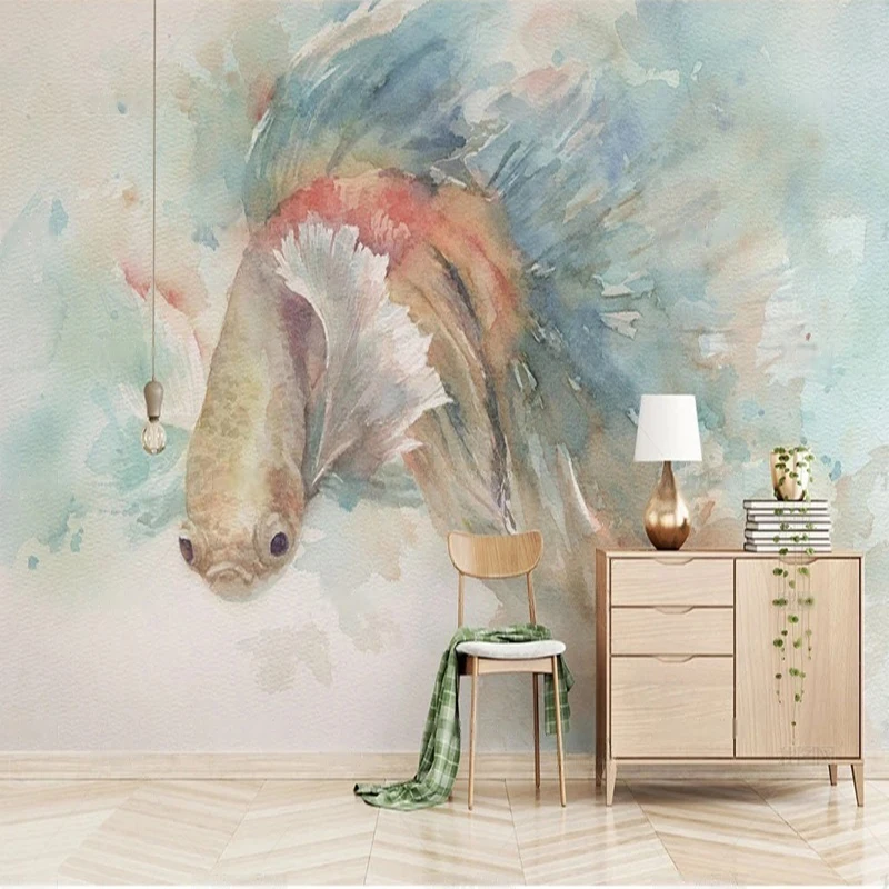 MU8711 Hand-painted watercolor betta fish with a colorful background and an annual surplus TV background wall