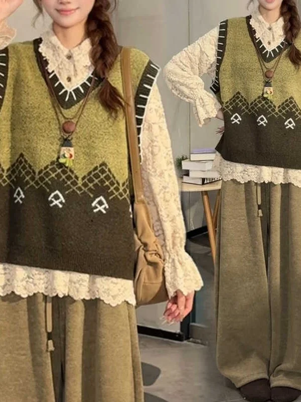 

plus Size Collar Long Sve Knitted Vest Women's Faion Set een Floral Pattern Breathable Casual Wear Comfortable Fit