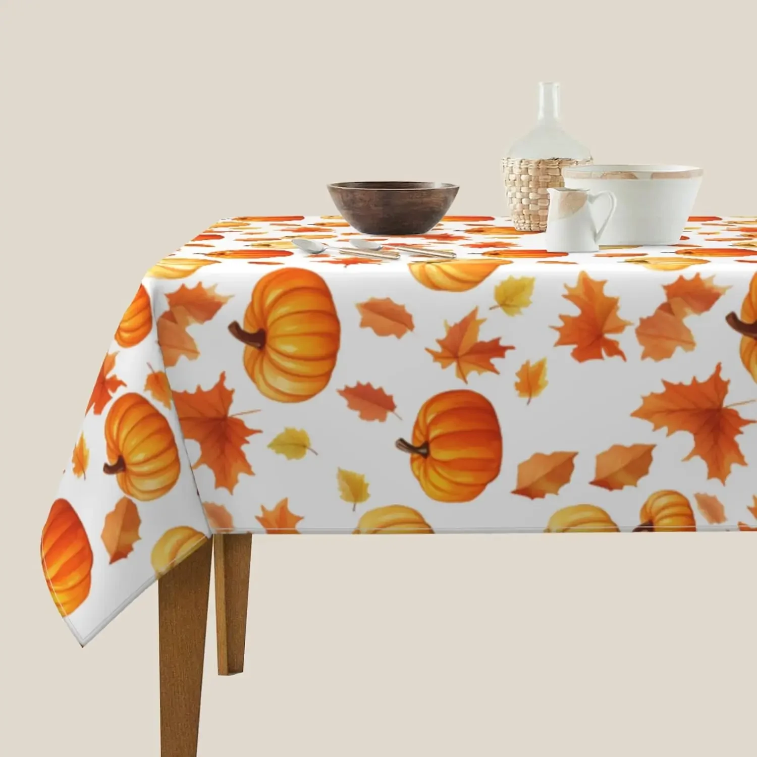 1pc Autumn Pumpkin And Leaves Pattern Tablecloth White Orange Fall Harvest Table Cover For Dining Kitchen Party Decoration Water