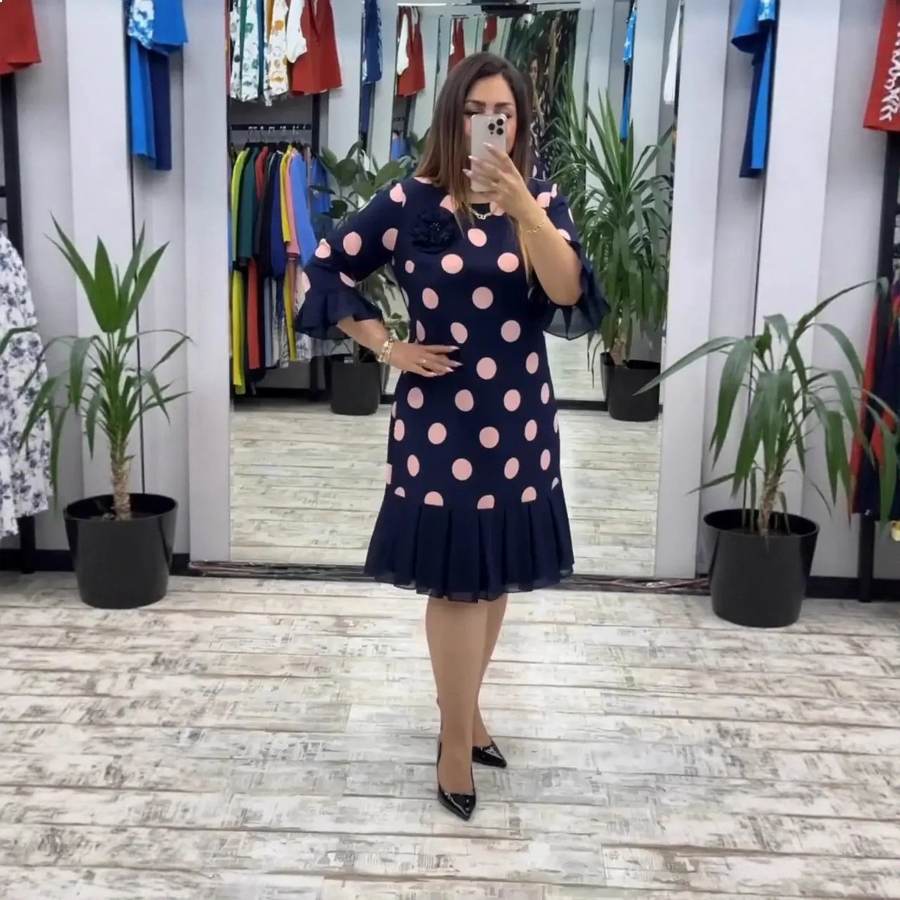 

Women Polka Dot Pleated Stitching Round Neck Mini Dress Dresses Spring Summer Matching Set