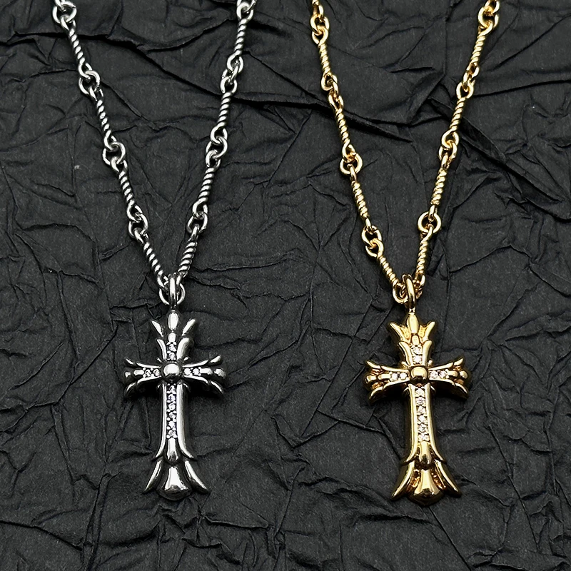 S925 الفضة الاسترليني طبقة مزدوجة كامل الماس الصليب قلادة قلادة الرجعية والرجال والنساء المتخصصة القديمة