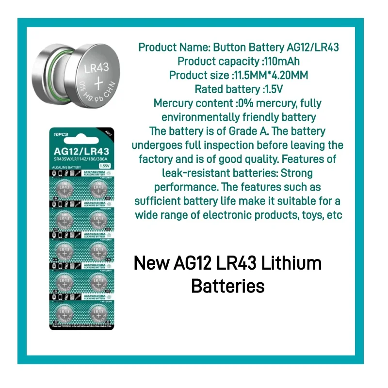 

AG12 LR43 Lithium Batteries 1.5V Zinc-manganese Button Battery Environmental Protection Button Battery for Watch Battery Remote