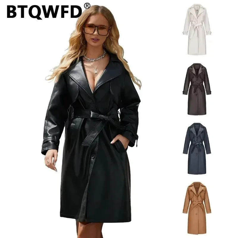 BTQWFD Women\'s Long Leather Trench Coat with Belt Button Single Breasted Loose Fashion 2024 New Spring Autumn Winter Outerwear