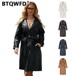 BTQWFD Women's Long Leather Trench Coat with Belt Button Single Breasted Loose Fashion 2024 New Spring Autumn Winter Outerwear