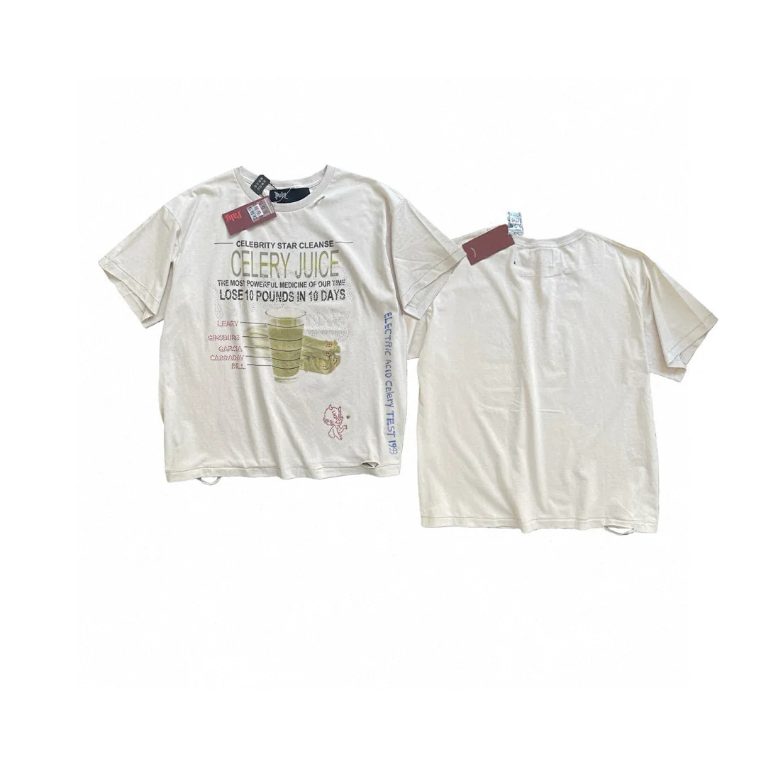 Oversized Distressed Beige T Shirt Vintage Celery Juice Poster Print Vertical Sleeve Letter Retro Streetwear Short Sleeve Tee