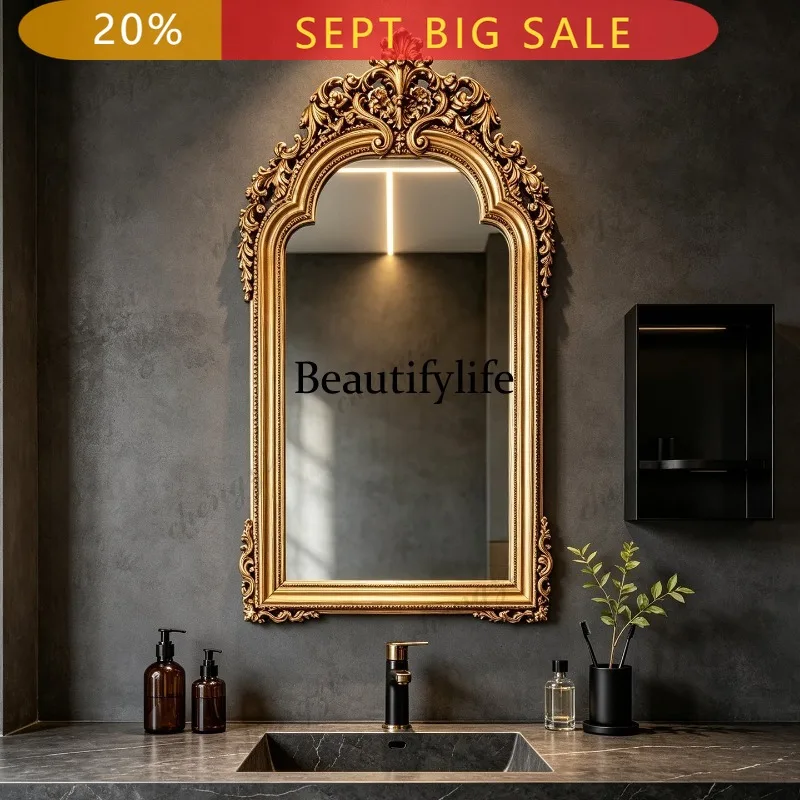 B32 French vintage bathroom mirror, American wall-mounted decorative mirror, carved high-end makeup mirror